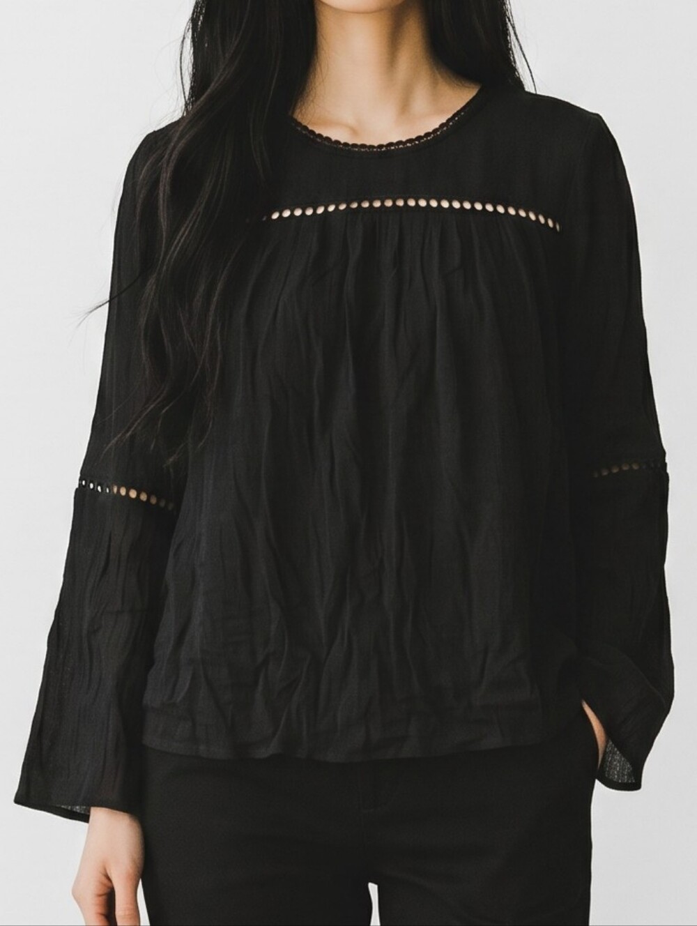 Ro & De Black Long-Sleeve Peasant Blouse with Ladder Lace